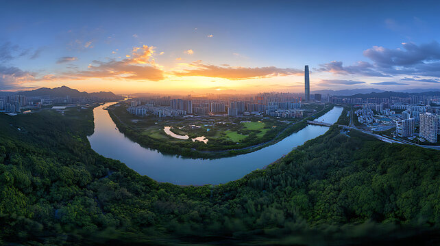 日出時分城市河流蜿蜒美景全景圖
