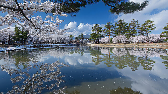 春日櫻花倒映池塘美景