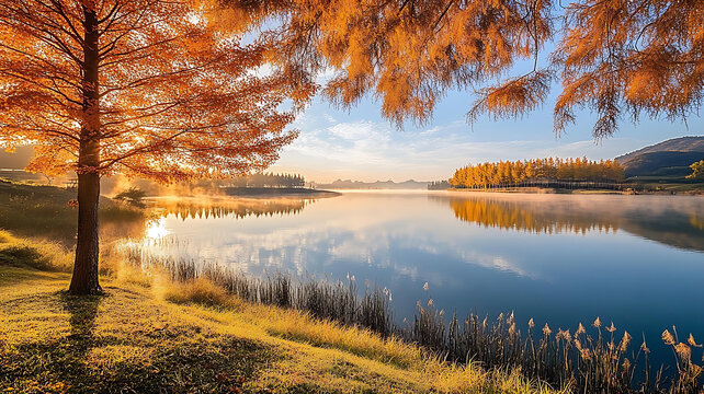 秋日晨光湖畔美景