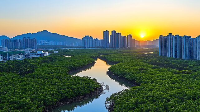 日出下的紅樹(shù)林與城市景觀
