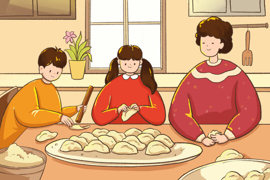 過年包餃子手繪插畫