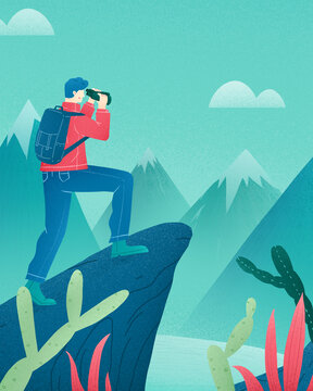 扁平男子登山遠眺插畫
