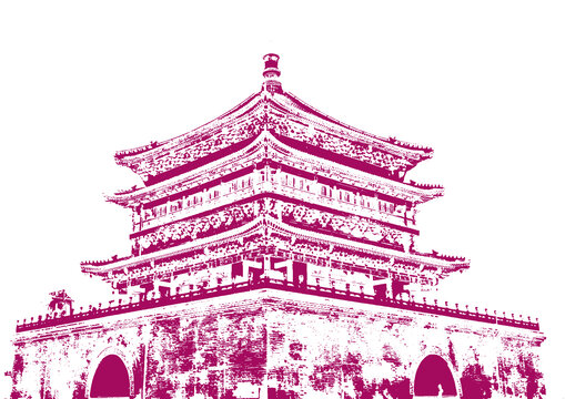 西安鐘樓老建筑底紋素描版畫矢量圖