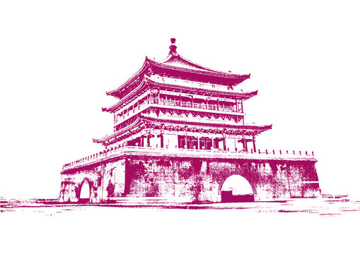 西安鐘樓老建筑底紋素描版畫矢量圖