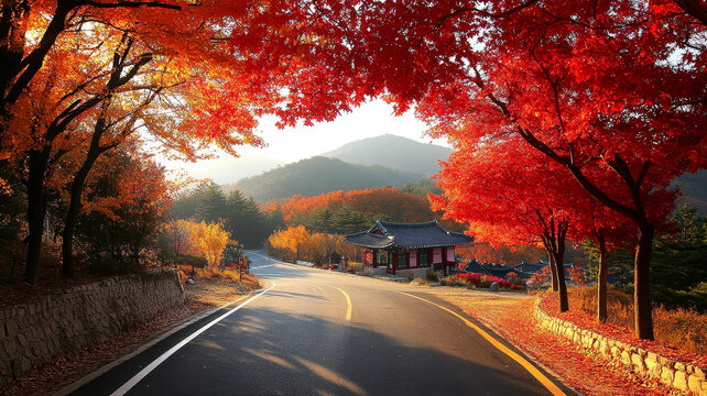 秋日楓林路上的美景