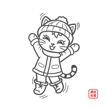 矢量插圖動物簡約線條開心小貓