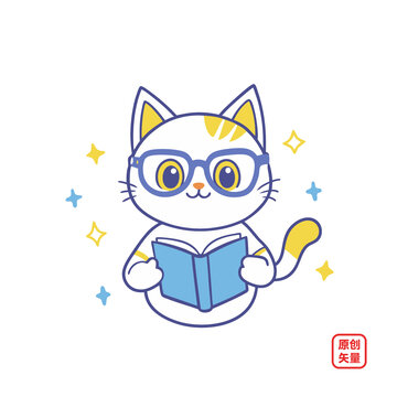 矢量插圖簡(jiǎn)約戴眼鏡看書(shū)小貓