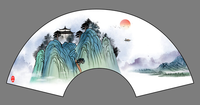 折扇古風(fēng)山水插畫