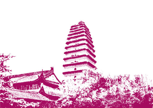 西安小雁塔樓老建筑底紋素描版畫矢量圖