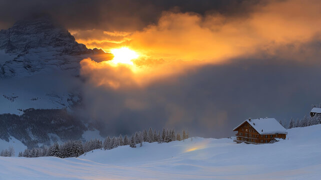 雪山日落小屋美景