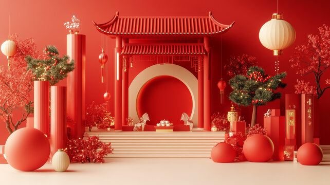 3D中國(guó)新年紅色拱門(mén)場(chǎng)景設(shè)計(jì)