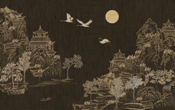 新中式線描山水背景墻