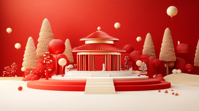 中國新年紅色亭子設(shè)計