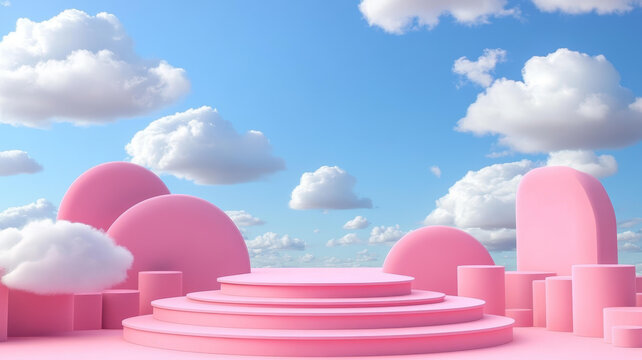 粉色云朵幾何形狀抽象場景