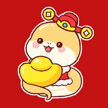 財神蛇抱元寶卡通畫