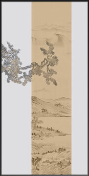 新中式線描山水松樹玄關(guān)背景墻