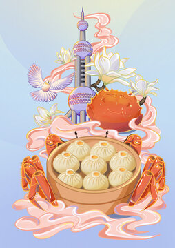 上海特色美食小籠包插畫