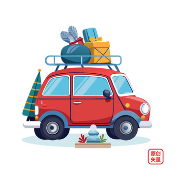 矢量插畫汽車自駕游旅行