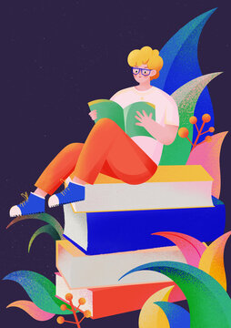 扁平風(fēng)格戴眼鏡男孩坐在書本上看書閱讀插畫