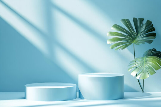 淺藍(lán)色展示臺(tái)與熱帶植物