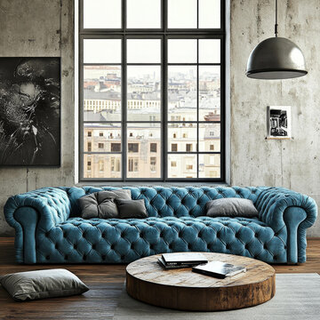 現(xiàn)代工業(yè)loft客廳，寶藍(lán)色Chesterfield沙發(fā)