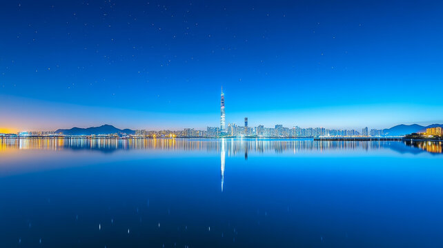 夜幕下的城市天際線倒映在平靜的水面上