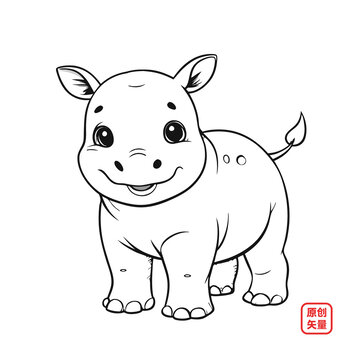 矢量插圖動物簡約手繪線條小犀牛