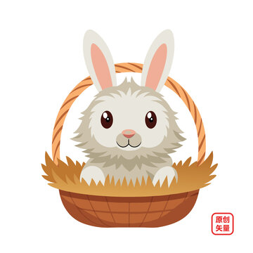 矢量插圖動(dòng)物可愛(ài)竹籃里小兔子