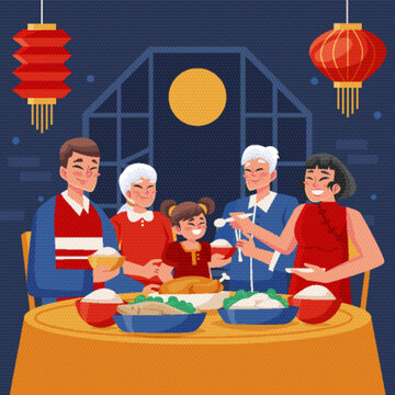 春節(jié)新年除夕夜年夜飯團(tuán)圓飯插矢量H5