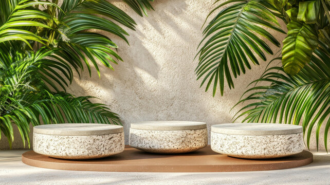 現(xiàn)代極簡展示臺與熱帶植物背景