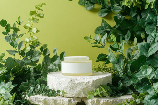 綠色植物背景下護(hù)膚品展示