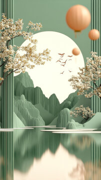 水墨山水意境圖與春意盎然的桃花林