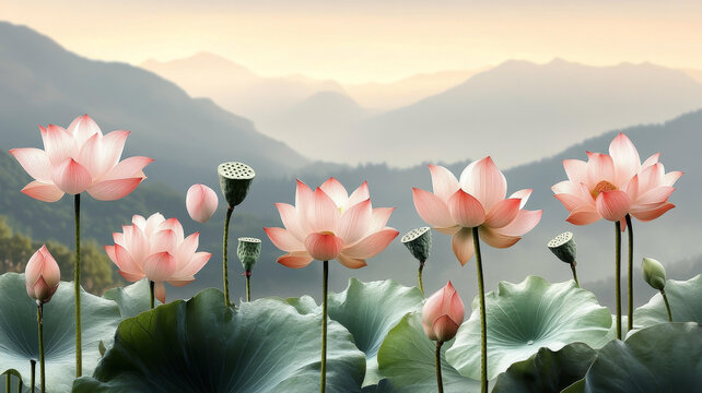 朦朧山谷中的蓮花盛開