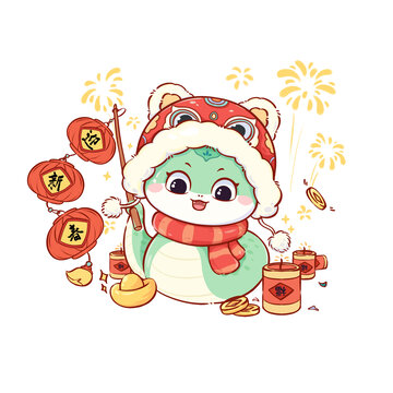 生肖蛇迎新春新年國潮國風可愛蛇年插畫