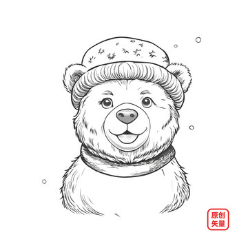 矢量插圖動物素描戴帽子小熊