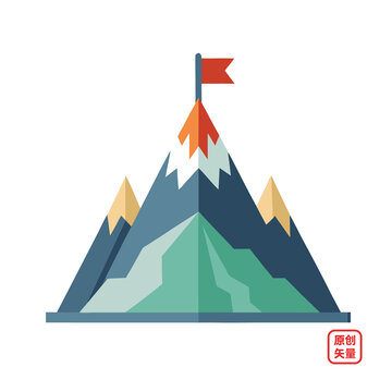 矢量插圖簡約山頂紅旗勝利