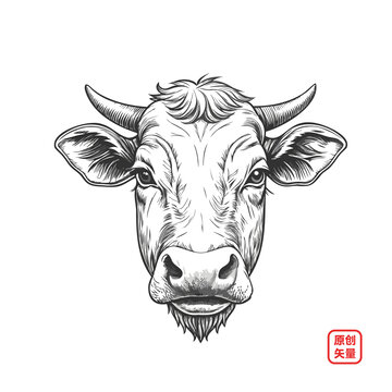矢量插圖素描手繪家畜牛頭像