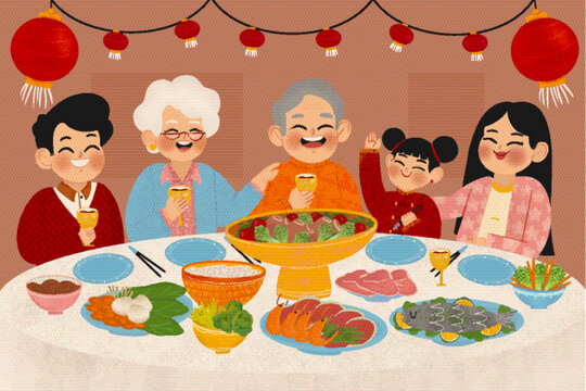 春節(jié)新年除夕夜年夜飯團(tuán)圓飯插矢量H5