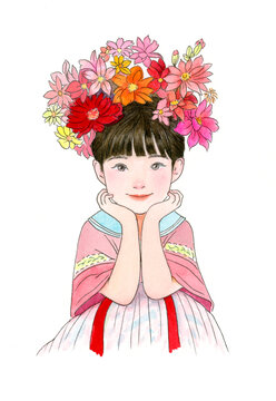 簪發(fā)小女孩純手繪水彩紙上畫素材元素