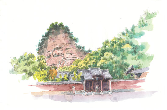 甘肅麥積山石窟水彩