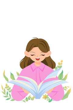 看書微笑的女孩元素插畫