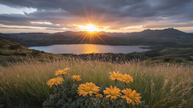 夕陽湖畔的野花