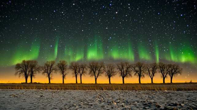 極光下的星空樹林美景