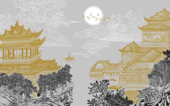 中式山水樓閣刺繡背景墻