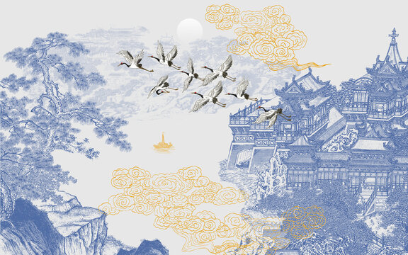 山水樓閣刺繡背景墻