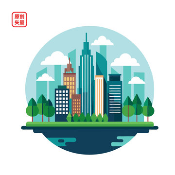 矢量插圖簡約城市建筑景色