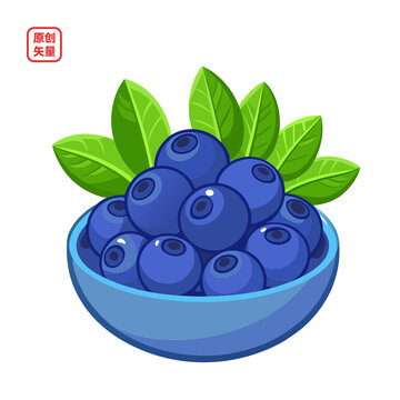 矢量插圖新鮮水果一碗藍(lán)莓