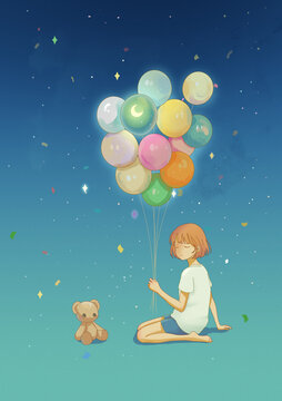 女生拿氣球唯美插畫