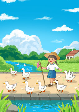 農(nóng)村小女孩趕鴨子手繪插畫