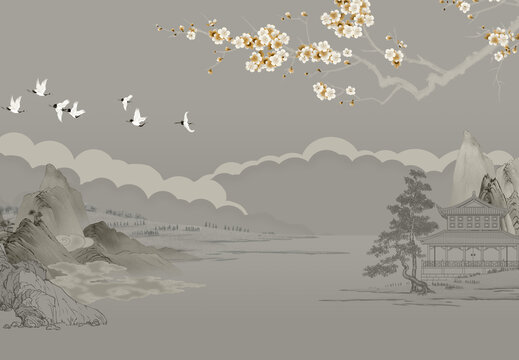 山水梅花圖